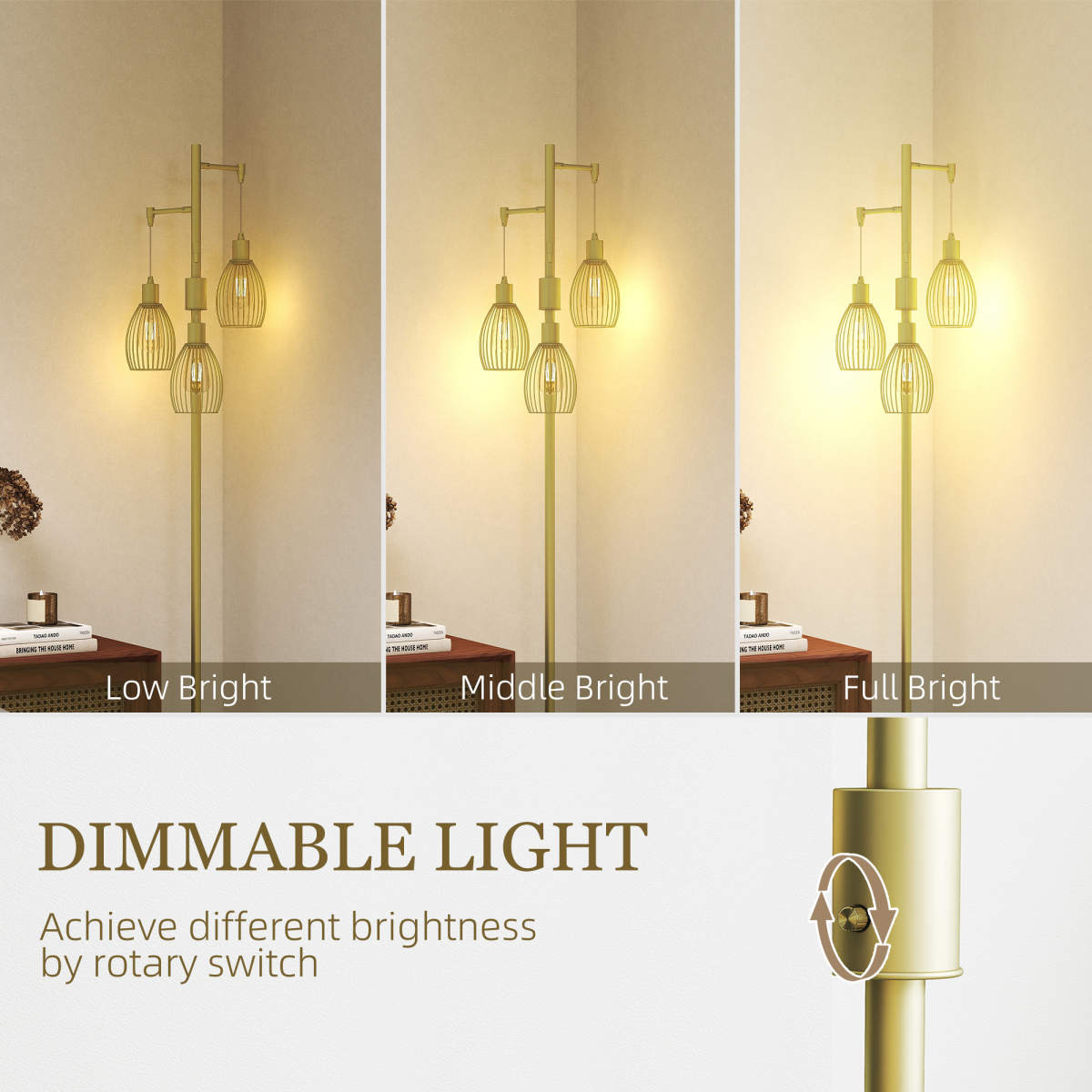 HOMCOM Industrial 3-Light Floor Lamp Dimmable Standing Lamp, Gold