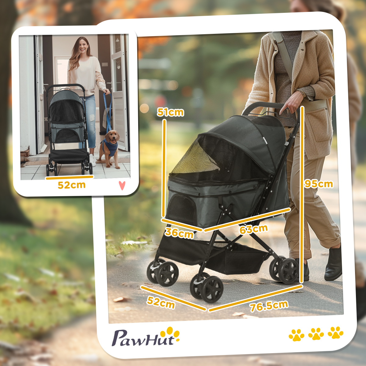 PawHut Pet Stroller - Foldable Dog Carriage w/ Reversible Handle - Grey