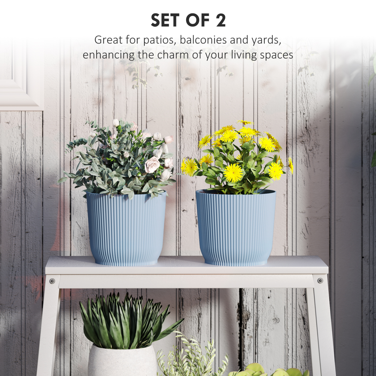 Outsunny Set of 2 Round Plant Pots Outdoor 22cm for Garden Decoration, Blue
