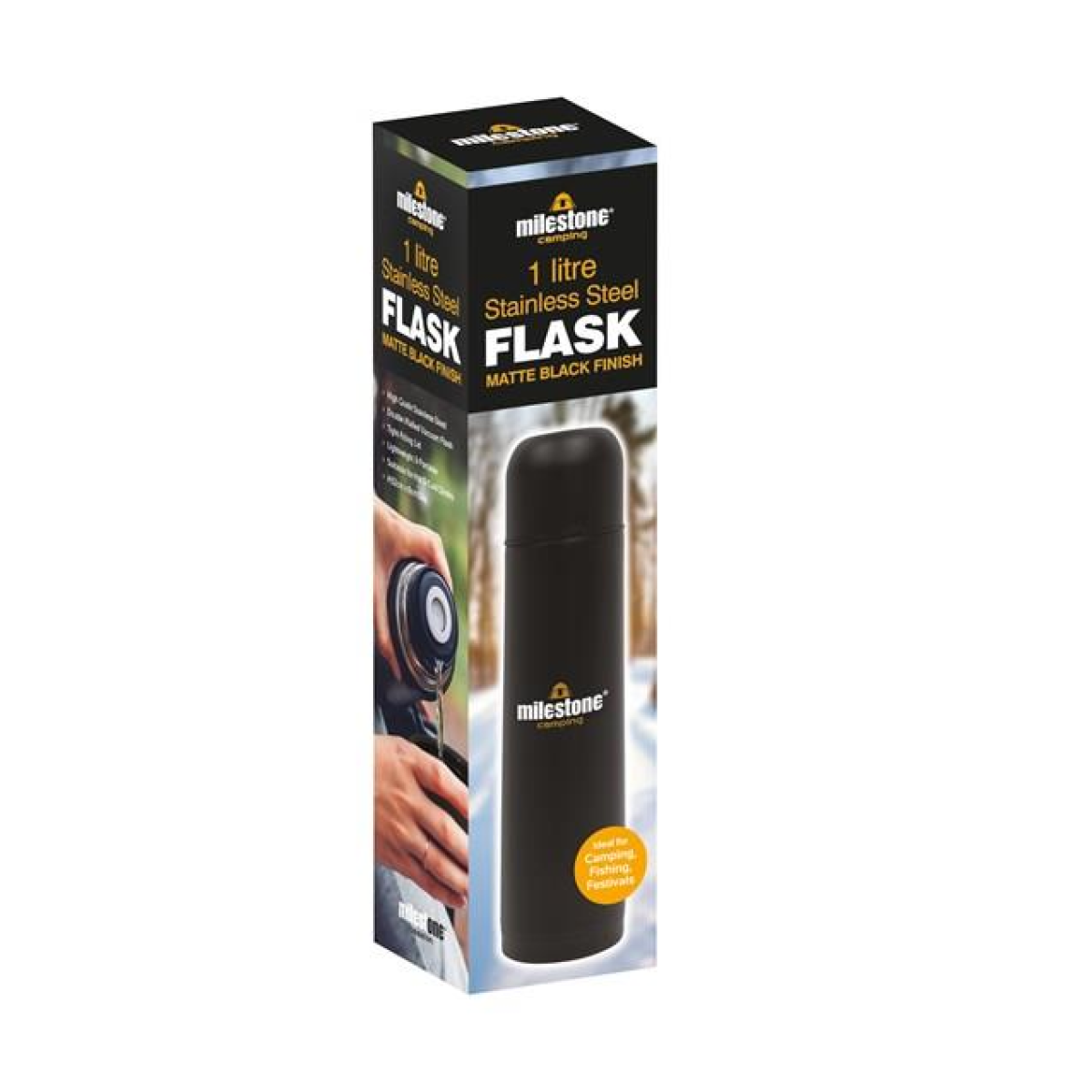 Milestone Double Walled Stainless Steel Flask 1Ltr  - Matte Black Finish