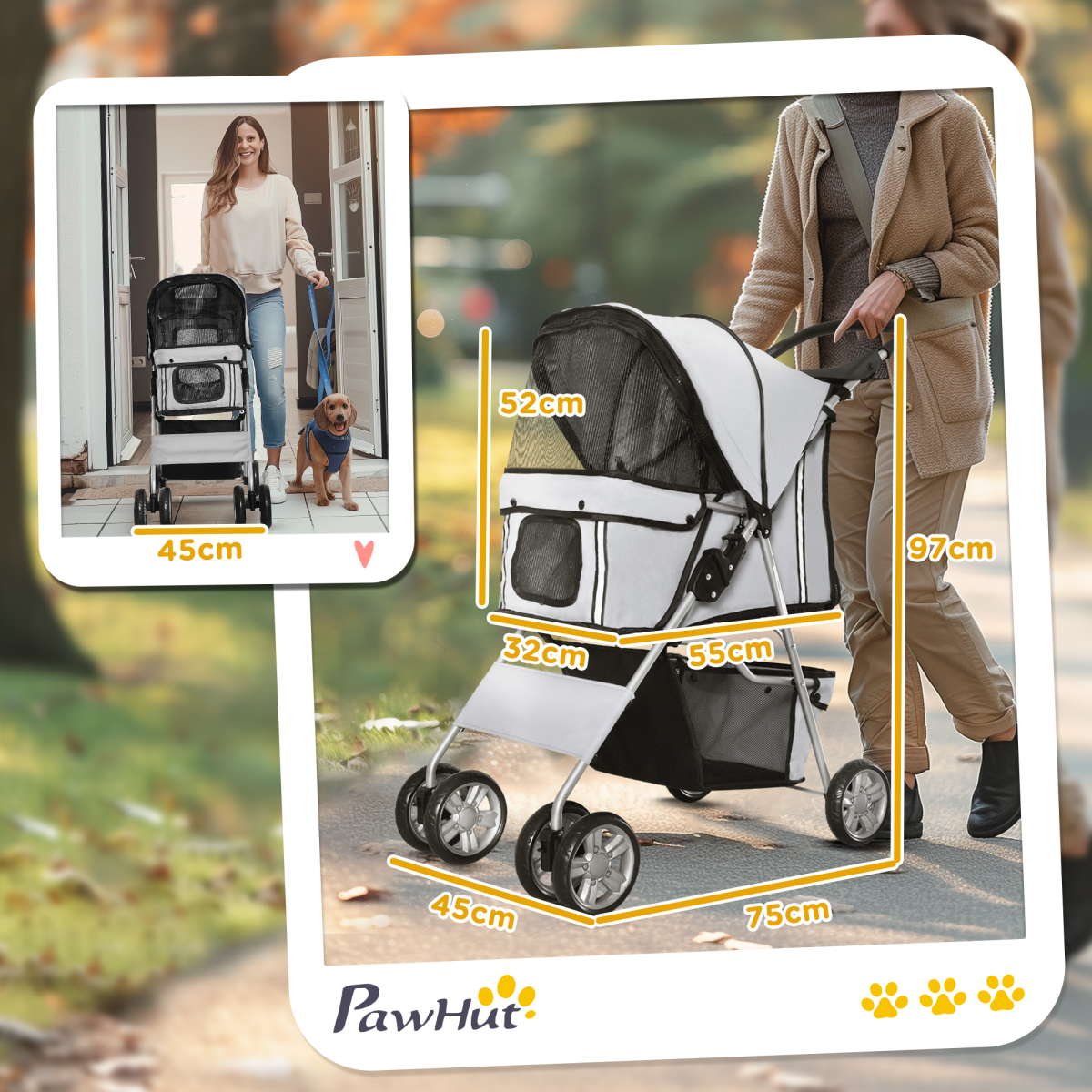 Pet Stroller Cat Dog Basket Zipper Entry Fold Cup Holder Carrier Cart Grey