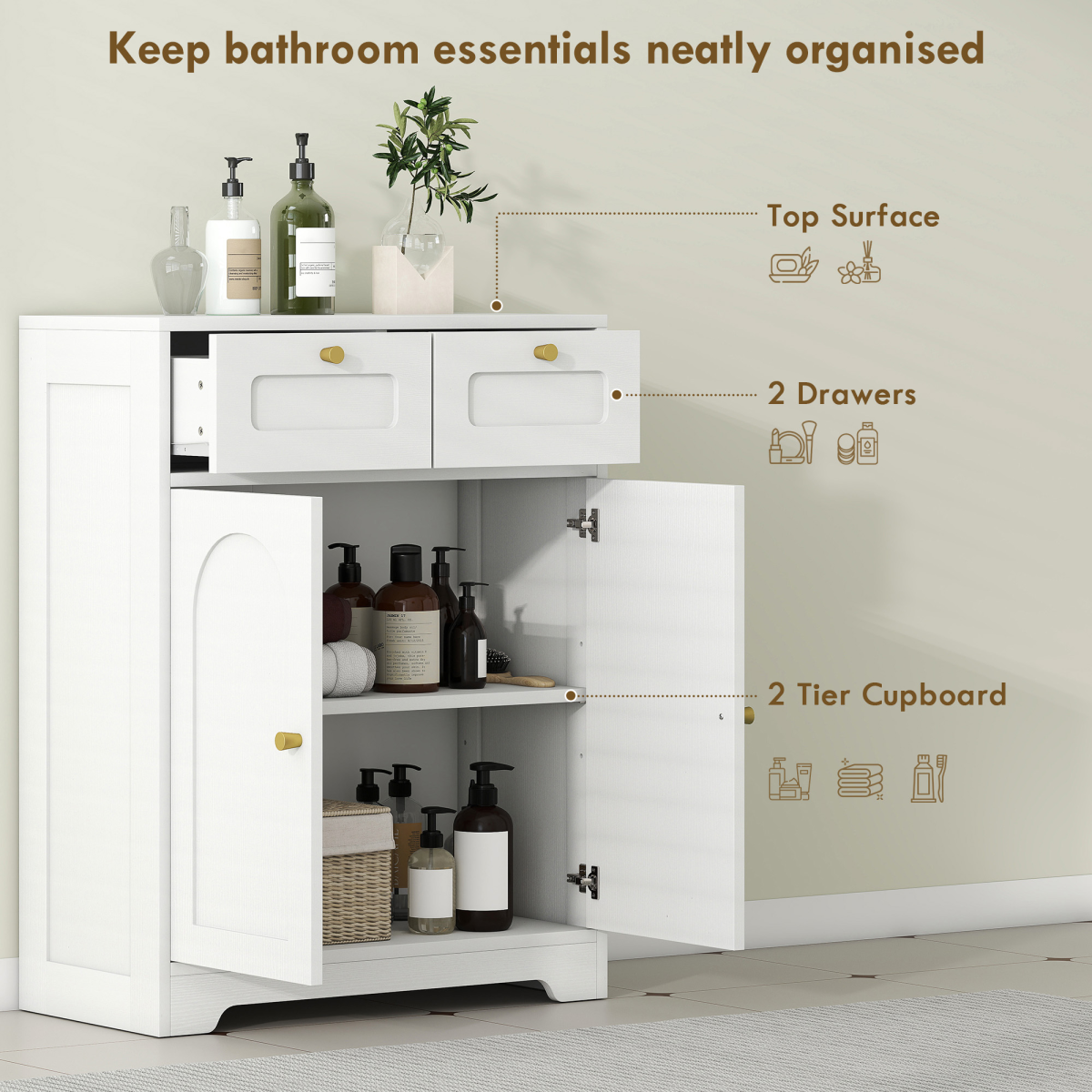 HOMCOM Bathroom Floor Cabinet, Bathroom Storage Unit with 2 Doors, White