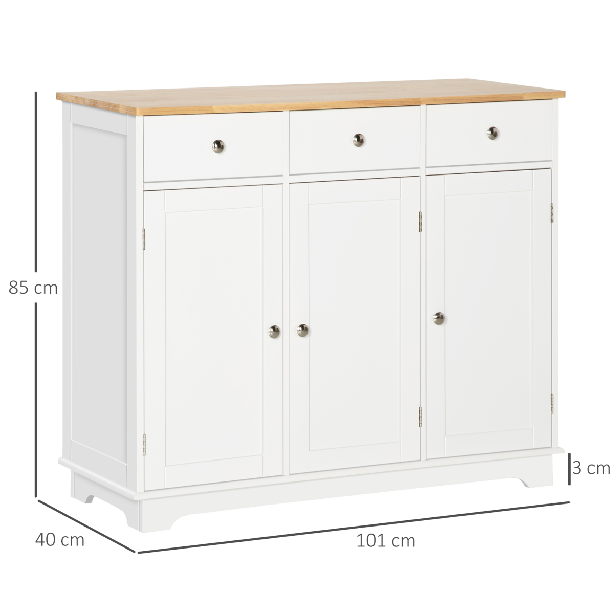 Sideboard with Rubberwood Top, Buffet Drawers and Adjustable Shelves White