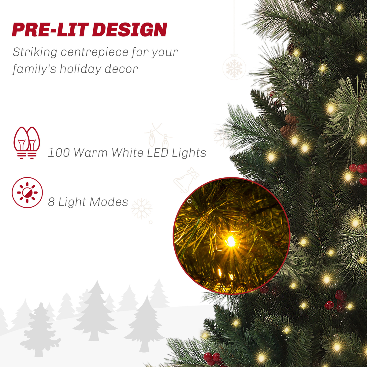 HOMCOM 1.2m Prelit Christmas Tree with 100 Warm White LED Lights and 8 Modes