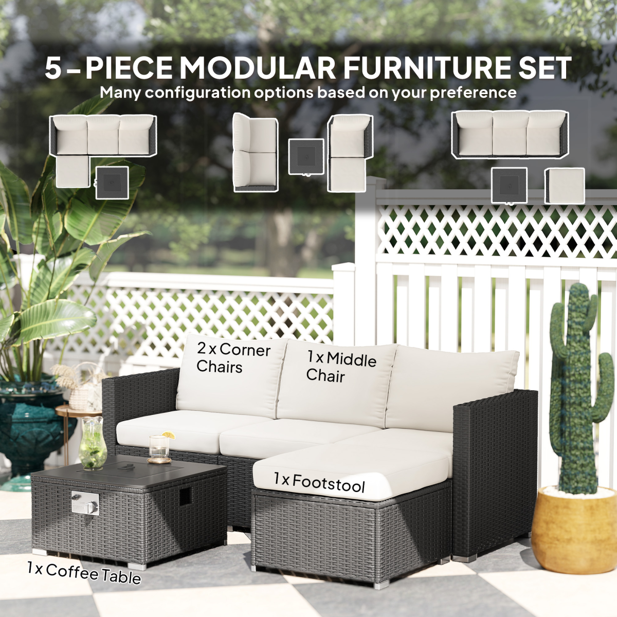 Outsunny 4 Seater Rattan Sofa Set with Footstool Thick Cushions Black Cream