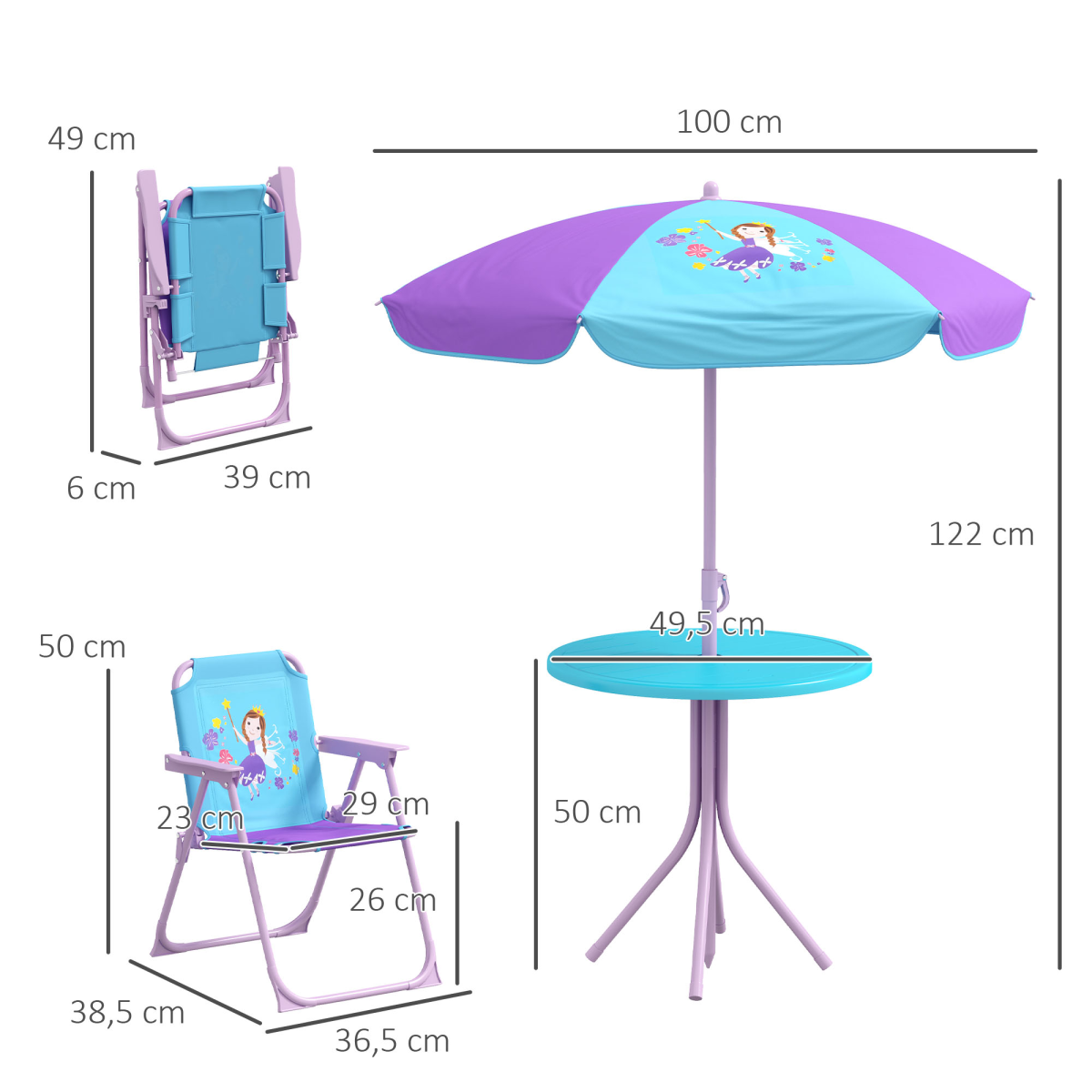 Outsunny Kids Bistro Table and Chair Set with Fairy Theme, Adjustable Parasol