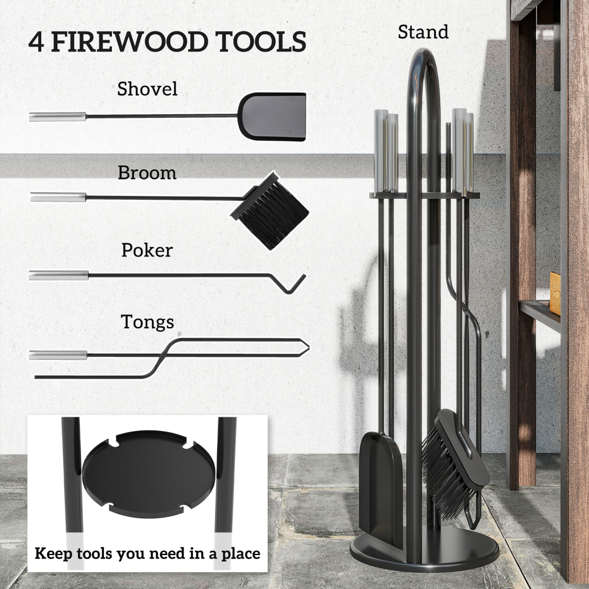 Outsunny 5 PCS Fireplace Companion Set, Metal Fireside Companion Set, Silver