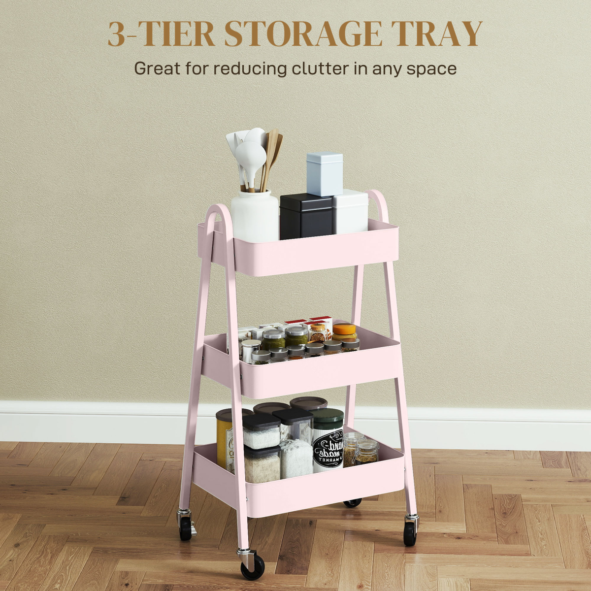 HOMCOM 3-Tier Rolling Utility Cart Kitchen Storage Trolley on Wheels Pink