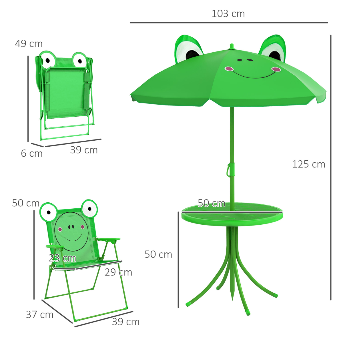 Foldable Patio Kids Metal Picnic Table w/ Frog Umbrella Green 4-piece