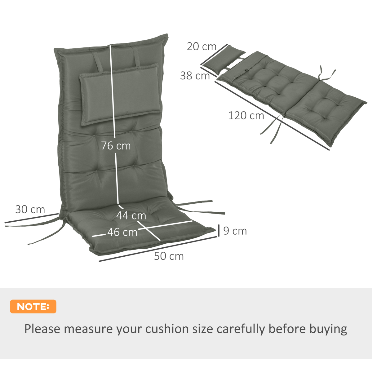 Set of 2 Garden Chair Cushion Seat, Dark Grey
