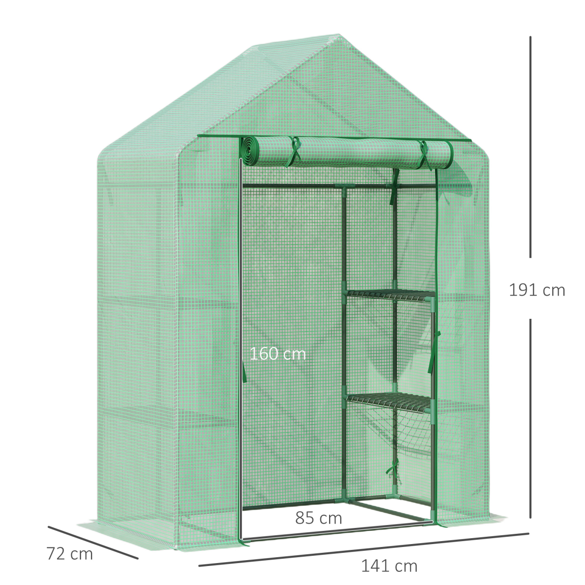 WalkIn Greenhouse 2 Tier Shelf, Roll-Up Door, PE Cover, 141x72x191cm, Green