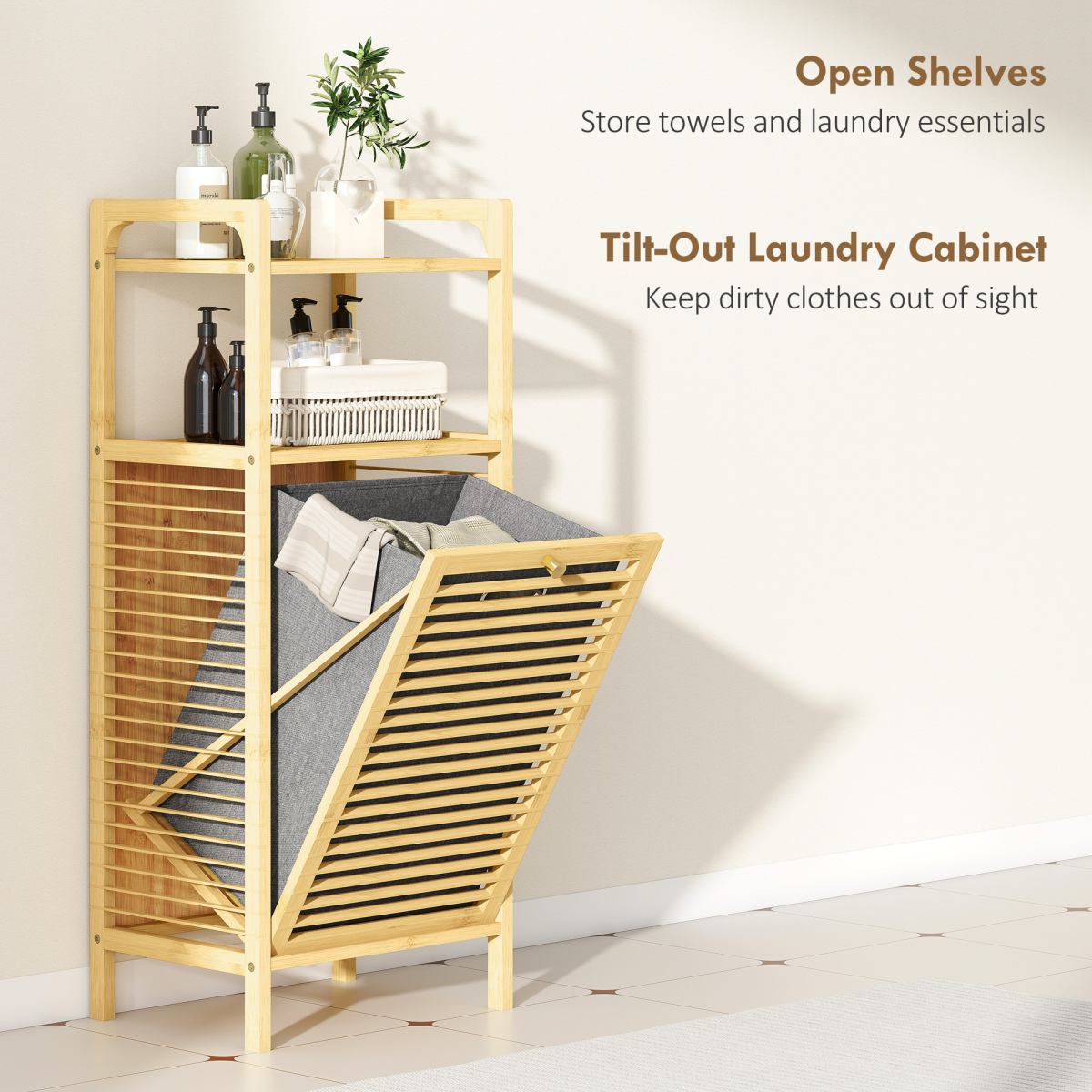 HOMCOM Removable 37L Laundry Hamper with Bamboo Bathroom Storage Cabinet