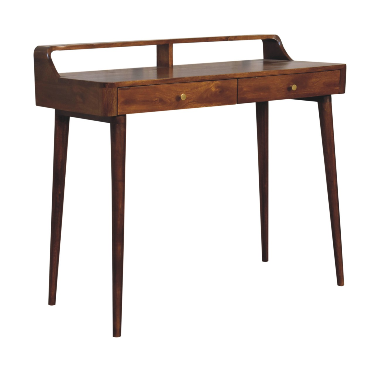 Artisan Furniture Solid Wood Elevated Chestnut Console Table, 2 Drawers, Dark Brown