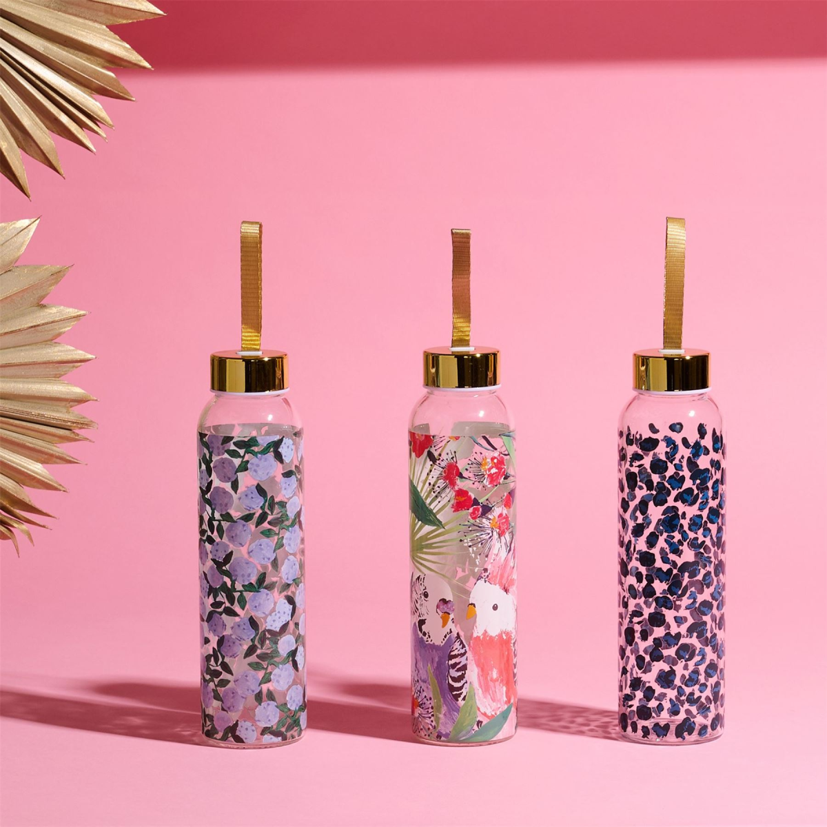 Frida 420ml Glass Water Bottle Blue - Floral