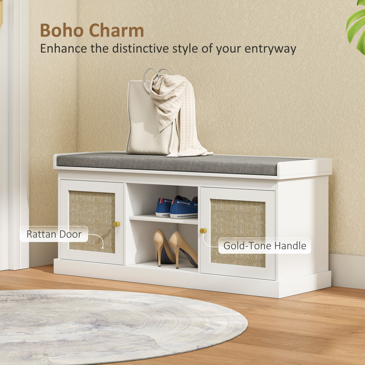 HOMCOM Shoe Bench, Boho Shoe Storage Bench with Padded Cushion, White