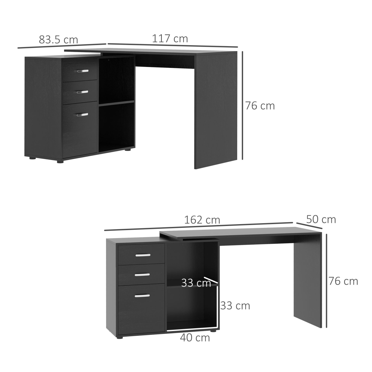 L Shape Computer Desk Workstation Home Office Drawer Shelf File Cabinet-Black