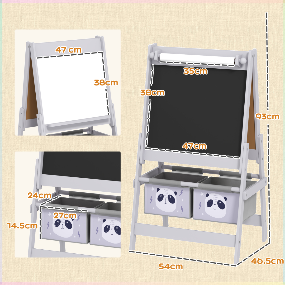 AIYAPLAY Kids Easel with Paper Roll, Blackboard, Whiteboard, Storage, Grey