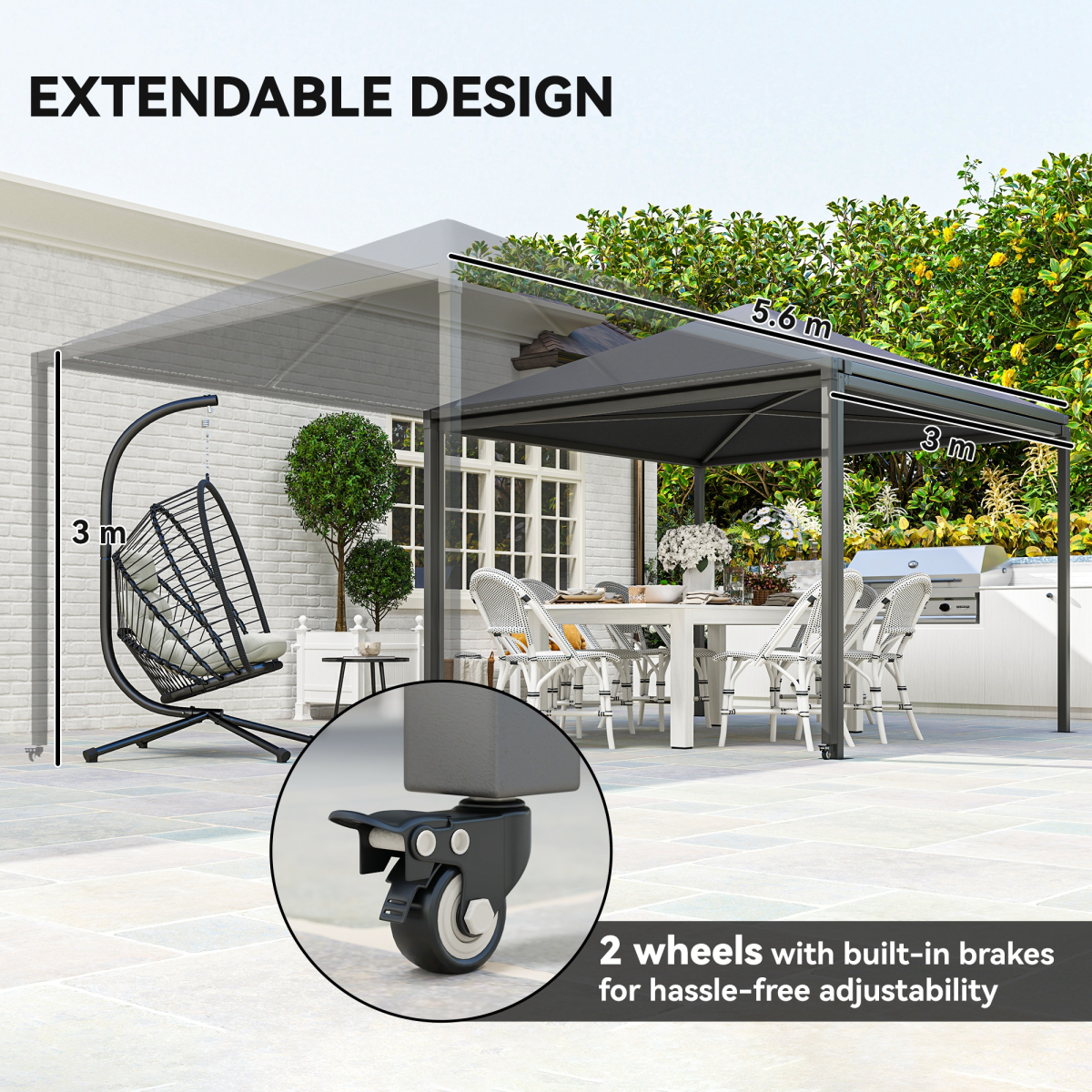 Outsunny 3 x 3(m) Garden Gazebo Canopy with Extendable Awning and Wheels