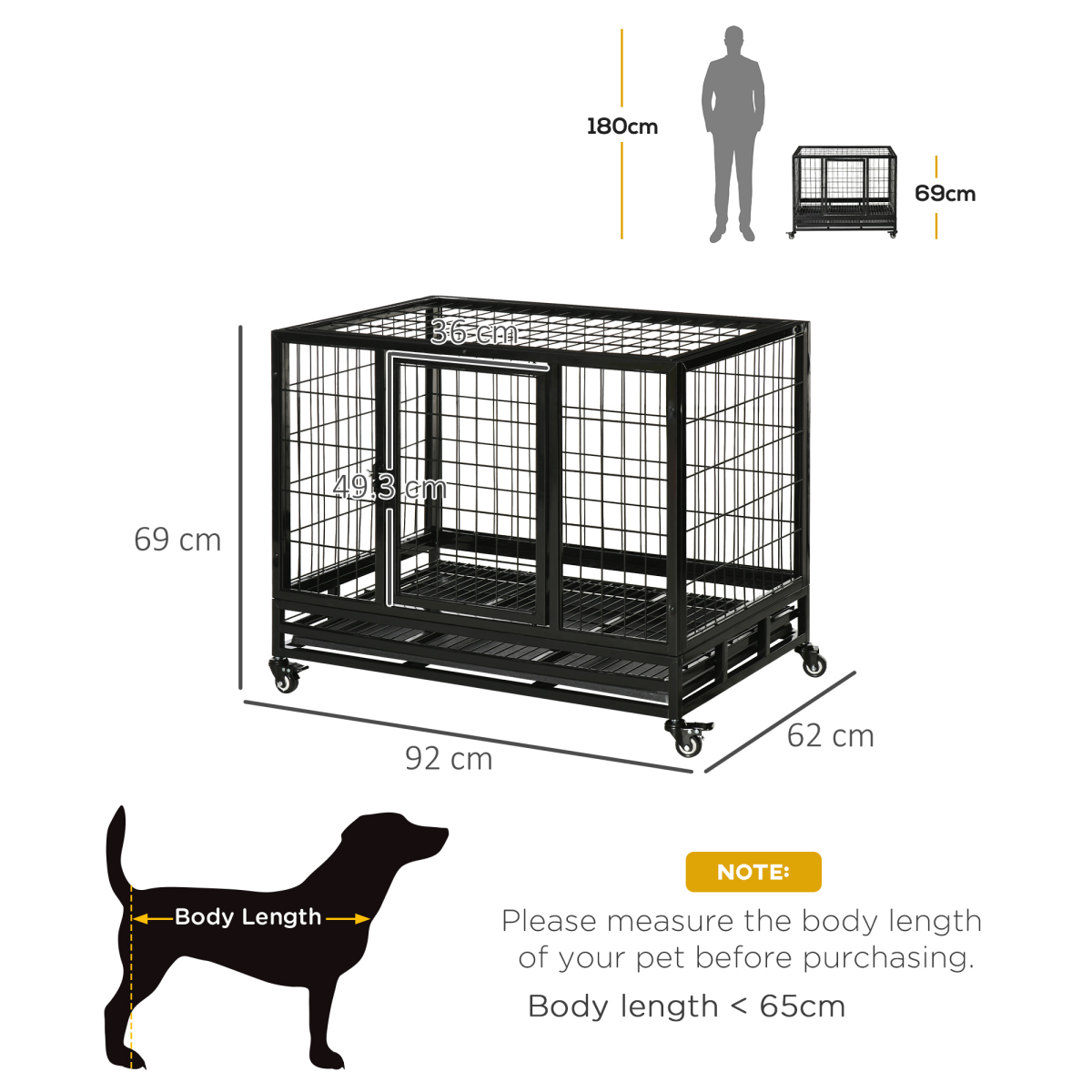 PawHut 36 inch Heavy Duty Metal Dog Crate Pet Cage with Tray Wheeled Dog Kennel - Black (Medium)