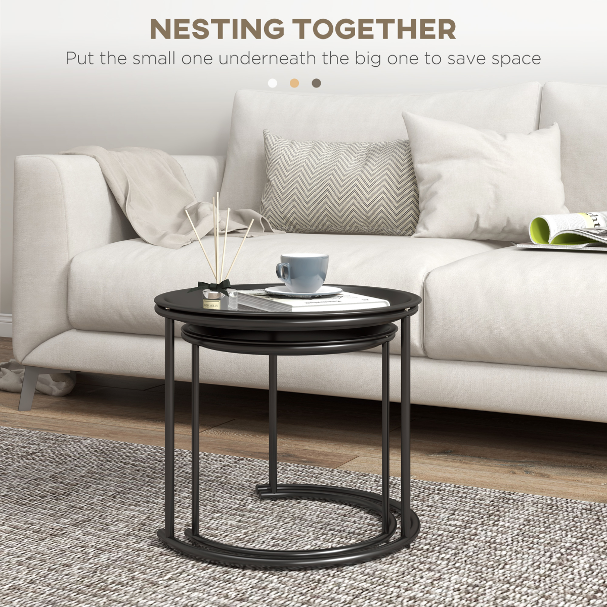 HOMCOM Nesting Tables Set of 2, End Table with Removable Tabletop Tray White