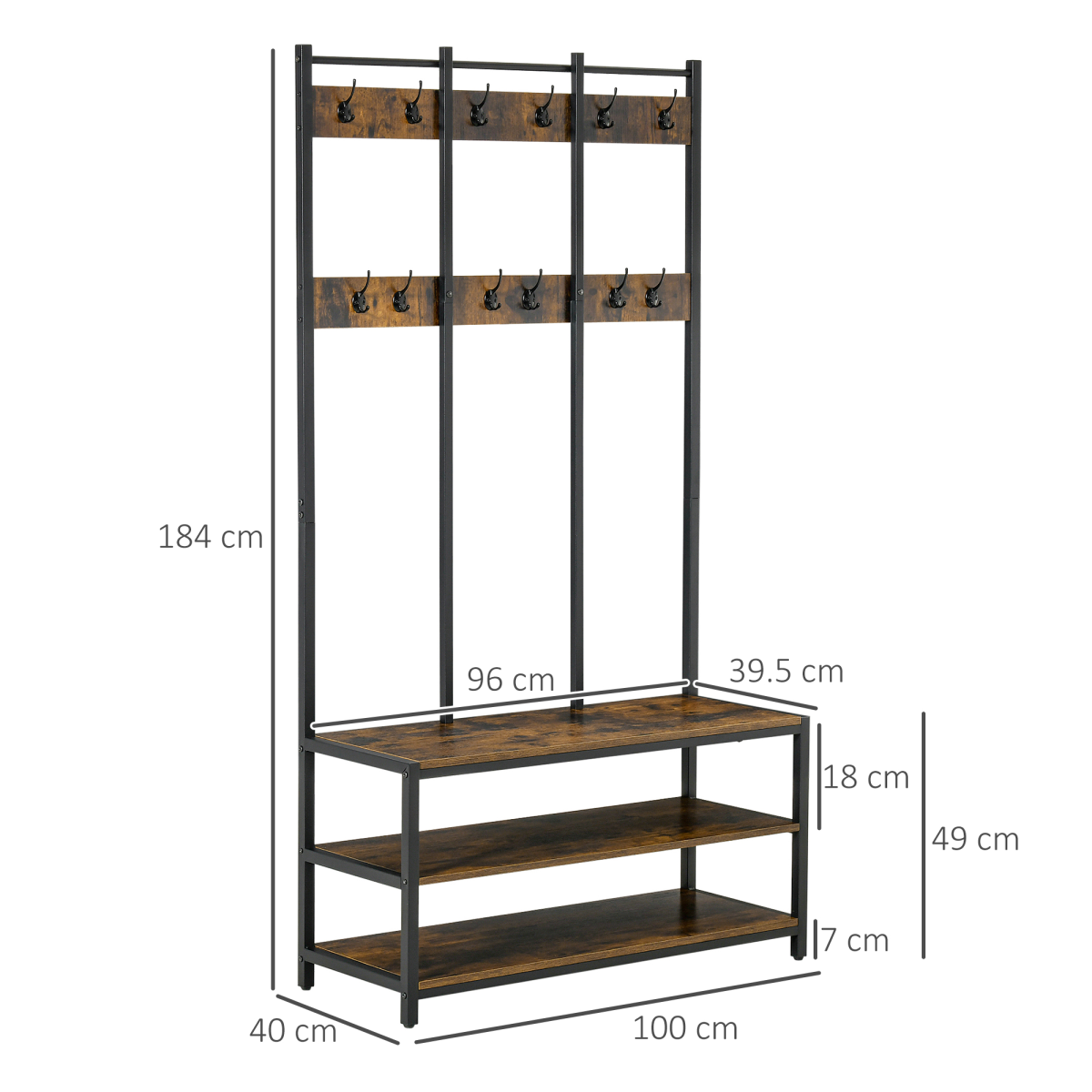 Entryway Coat Rack Hall Tree Shoe Bench 3 in 1 Design Metal Rack HOMCOM