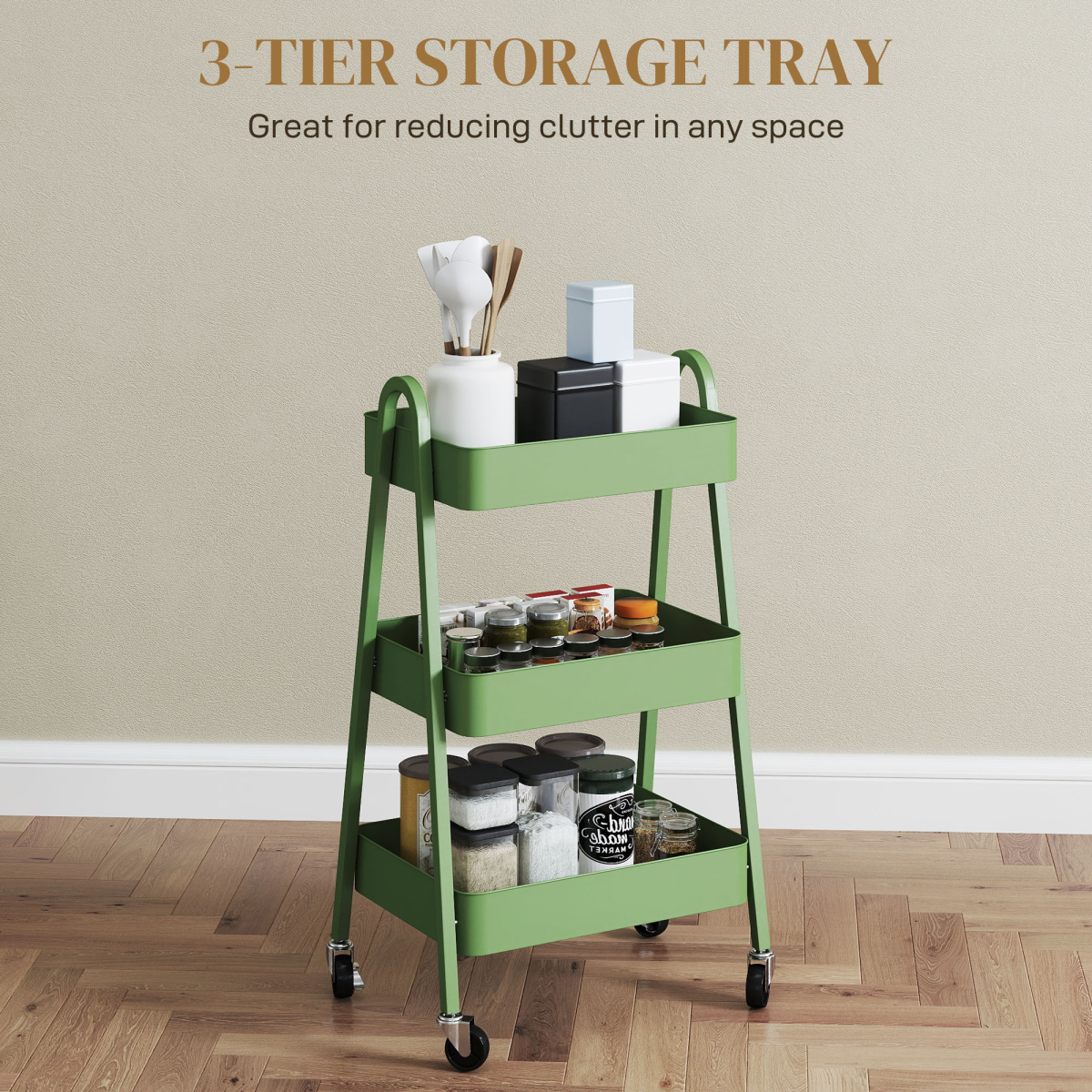HOMCOM 3-Tier Rolling Utility Cart Kitchen Storage Trolley on Wheels Green