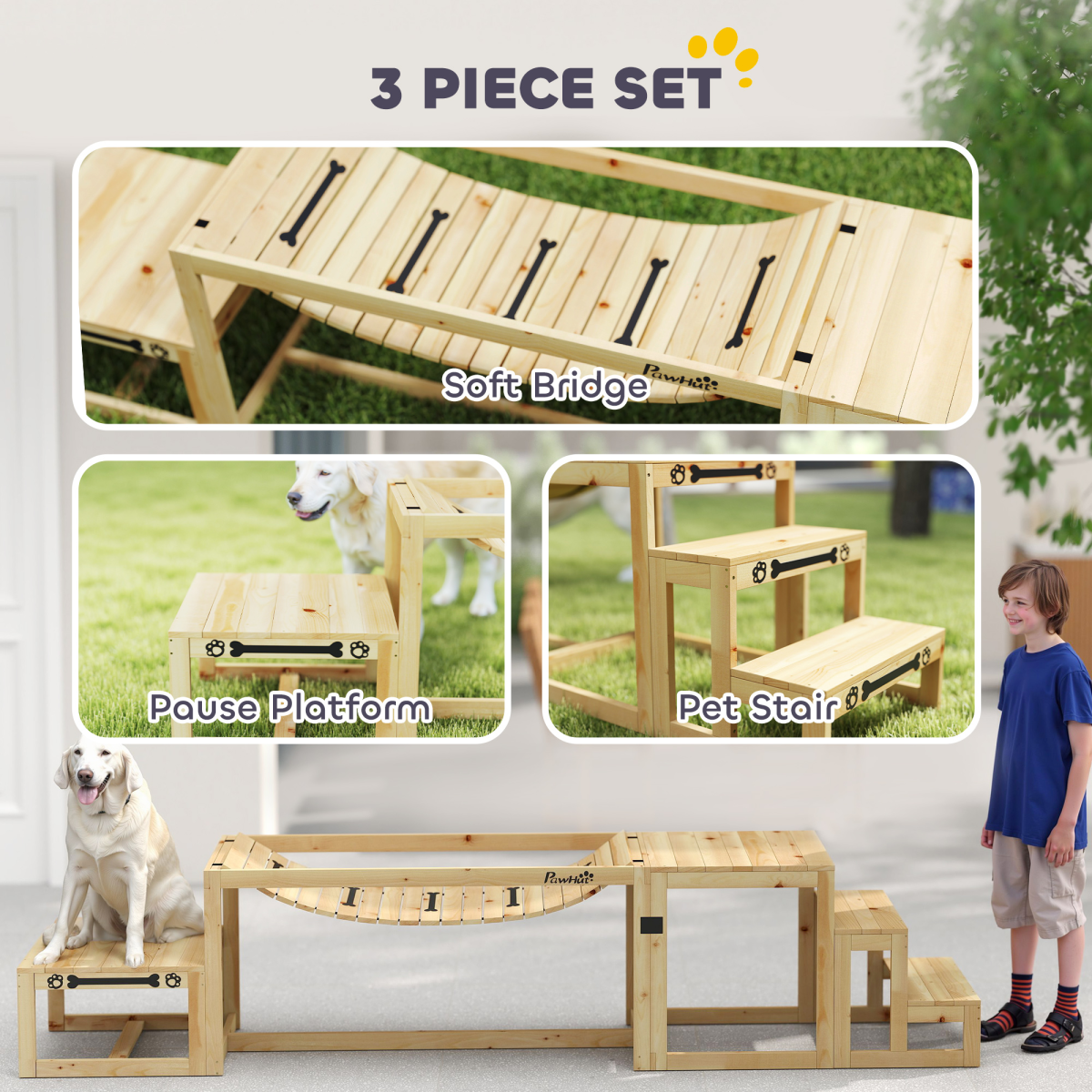 PawHut 3 Pieces Wooden Dog Agility Training Equipment, Natural Wood