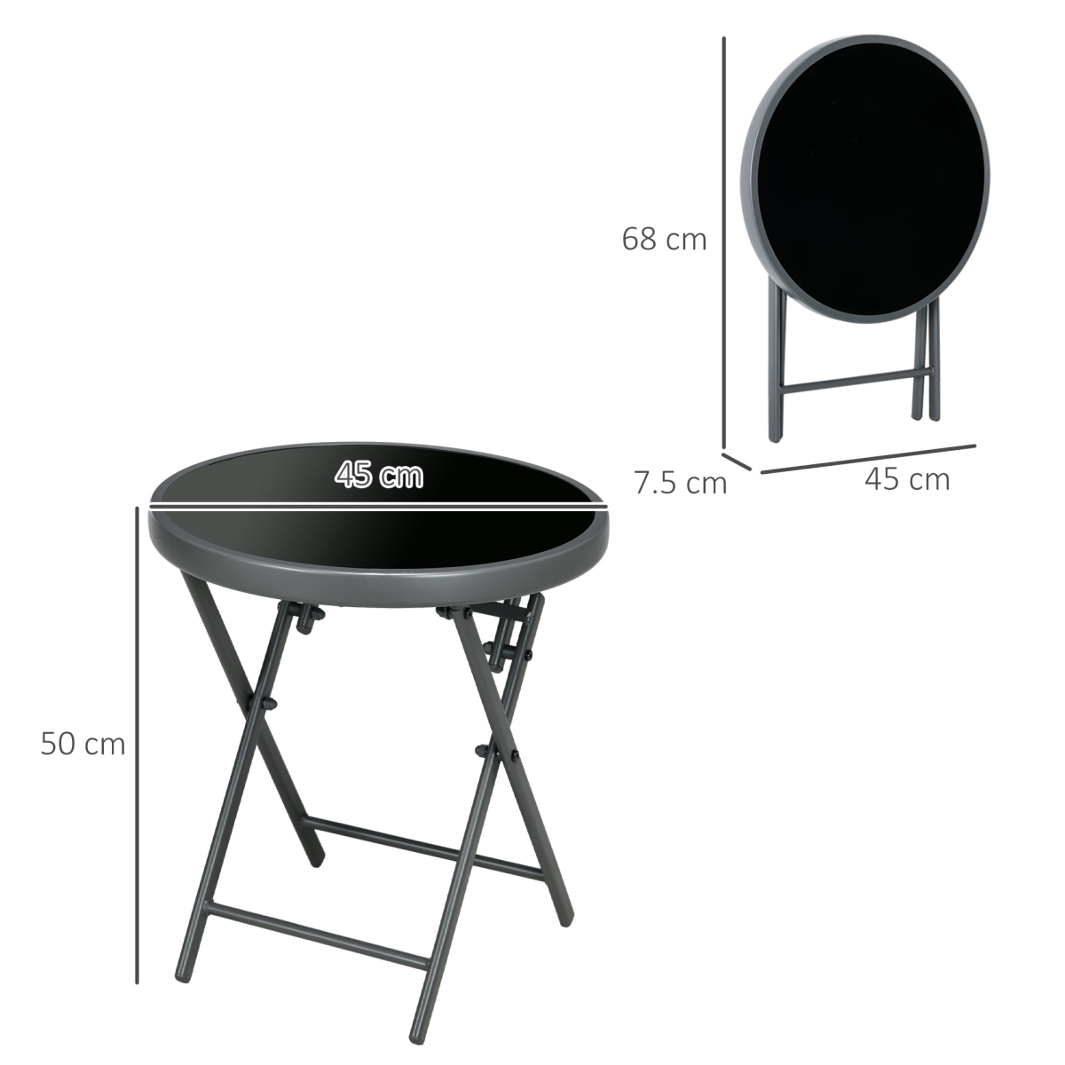 Outsunny Round Folding Side Table w/ Imitation Marble Glass Top, Black