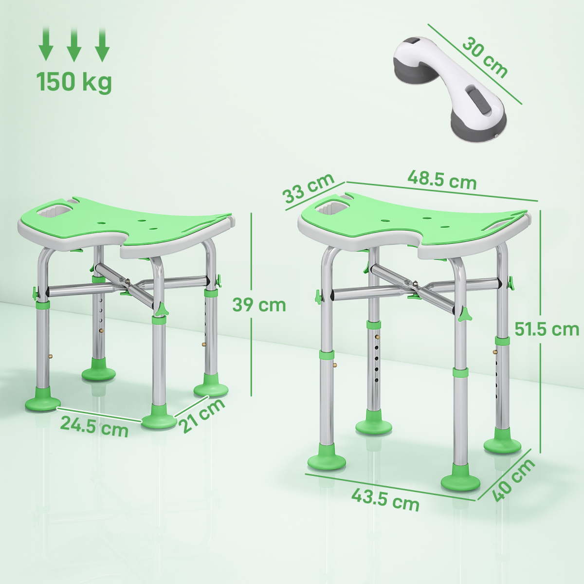 HOMCOM Aluminium Shower Stool for Elderly Disabled Non-Slip Bath Stool Green