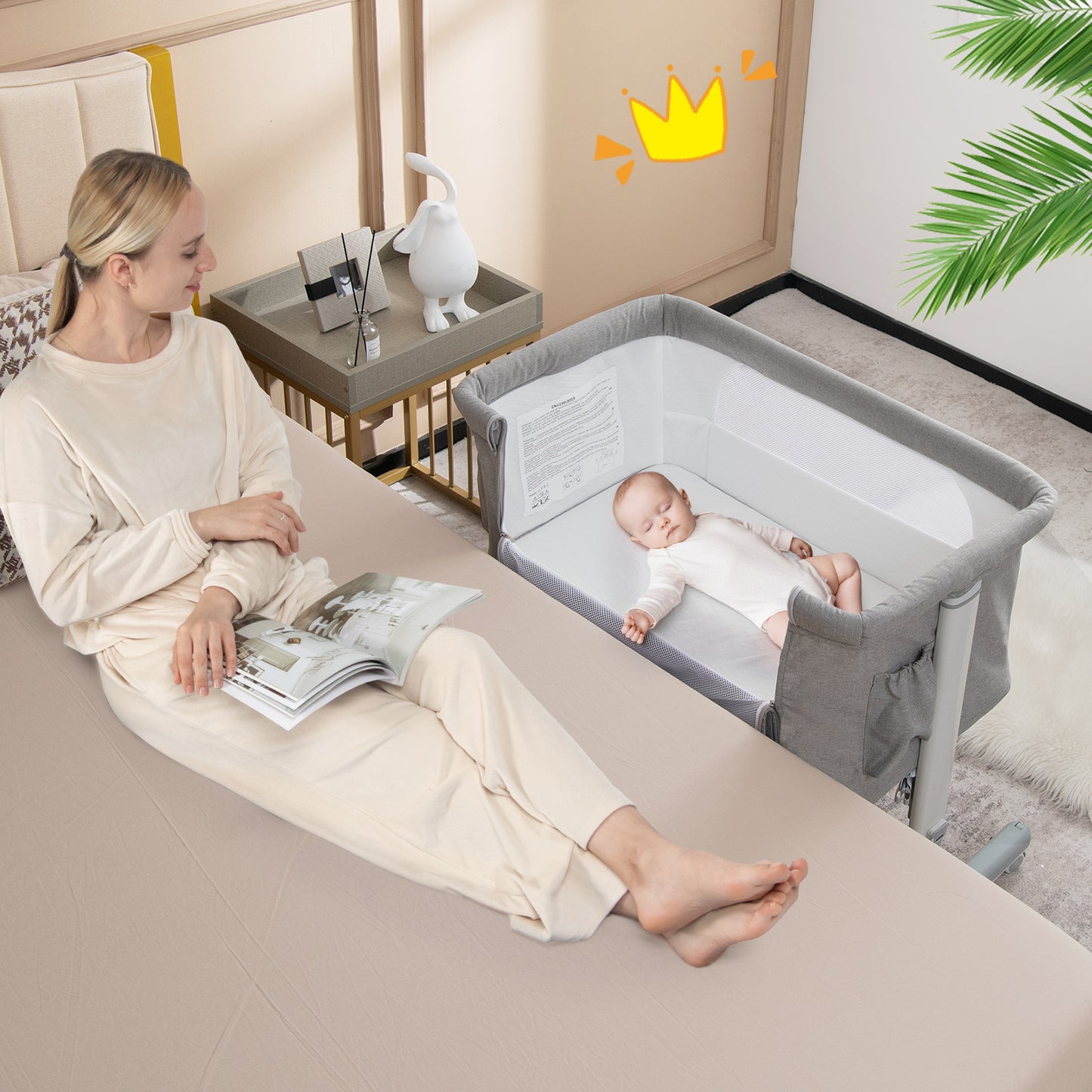 3-in-1 Adjustable Baby Bedside Bassinet with Mattress-Beige
