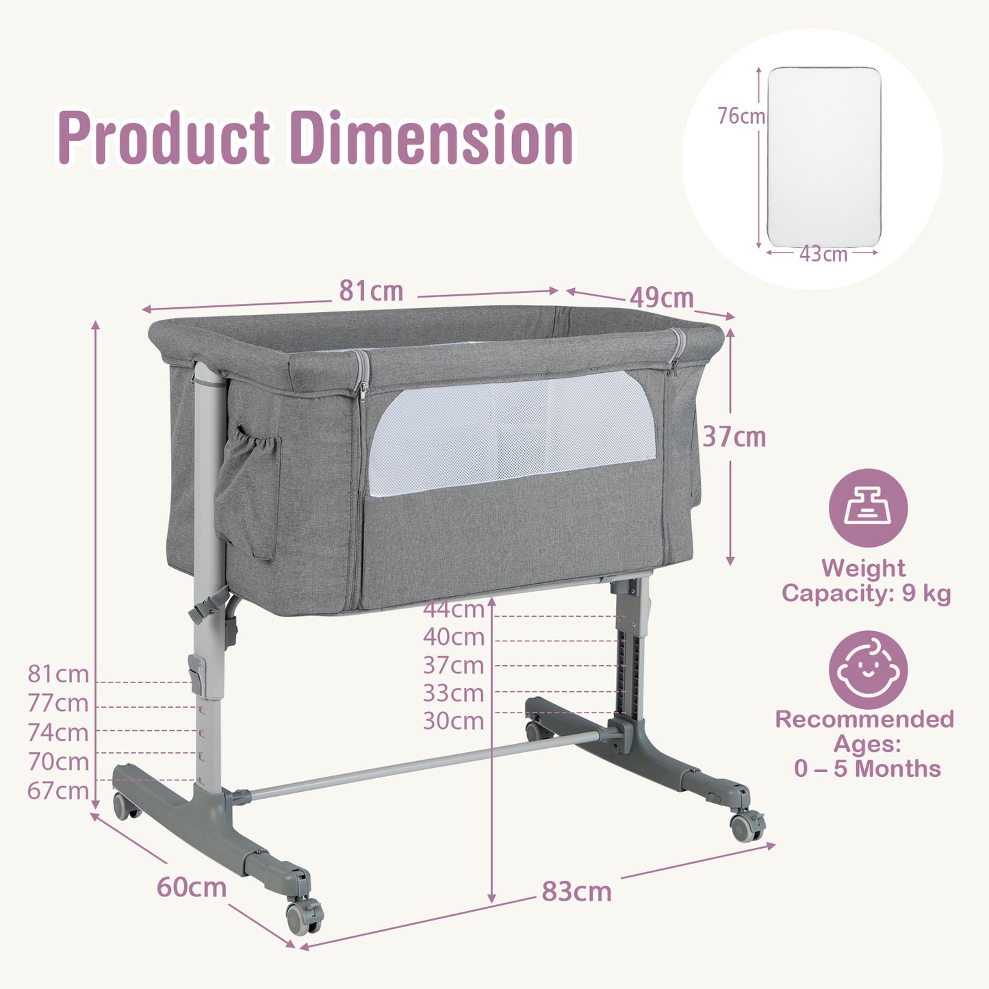 3-in-1 Adjustable Baby Bedside Bassinet with Mattress-Beige