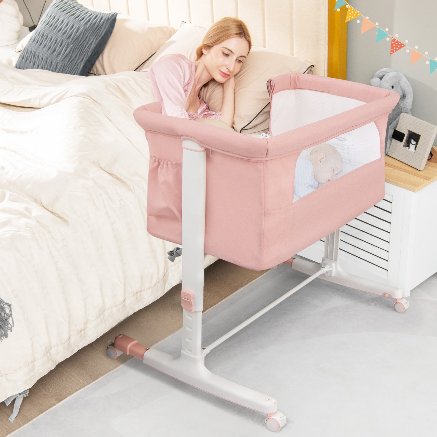 3-in-1 Adjustable Baby Bedside Bassinet with Mattress-Beige