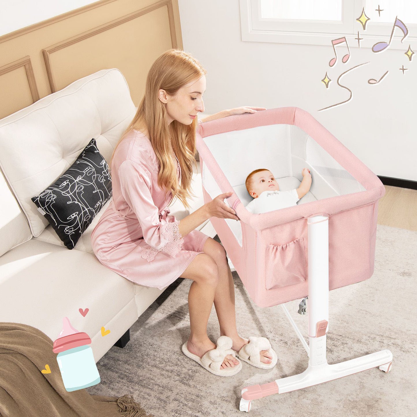 3-in-1 Adjustable Baby Bedside Bassinet with Mattress-Beige