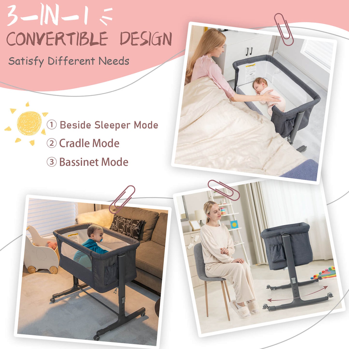3-in-1 Adjustable Baby Bedside Bassinet with Mattress-Beige
