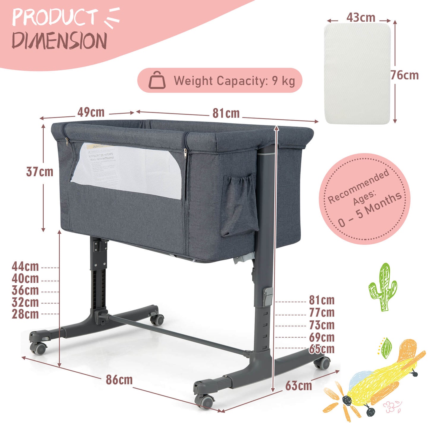 3-in-1 Adjustable Baby Bedside Bassinet with Mattress-Beige