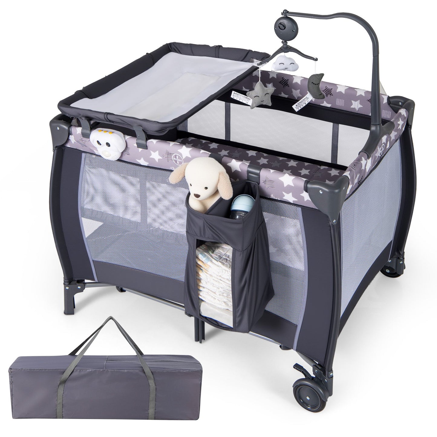 3 in 1 Baby Activity Center Foldable Pack and Play with Diaper Changing Table-Black