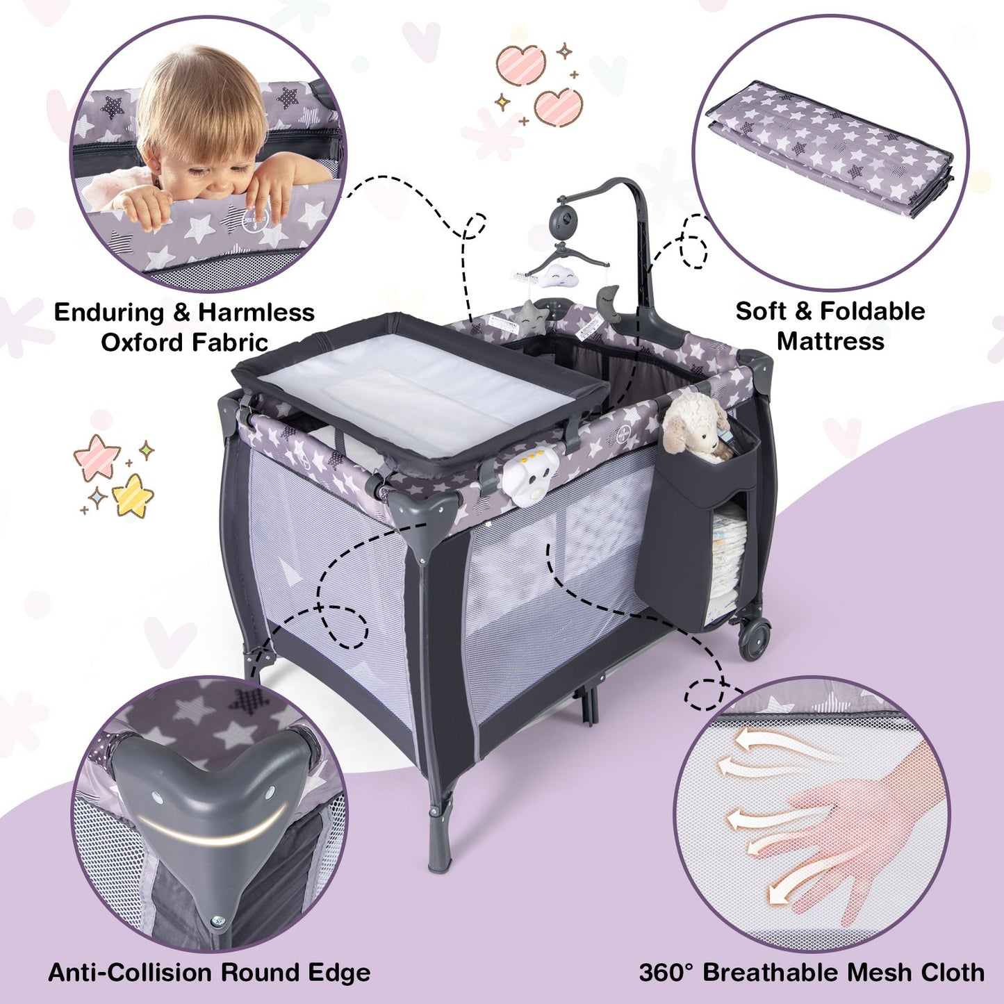 3 in 1 Baby Activity Center Foldable Pack and Play with Diaper Changing Table-Black