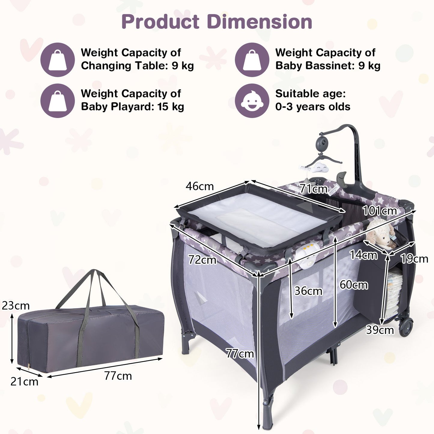 3 in 1 Baby Activity Center Foldable Pack and Play with Diaper Changing Table-Black