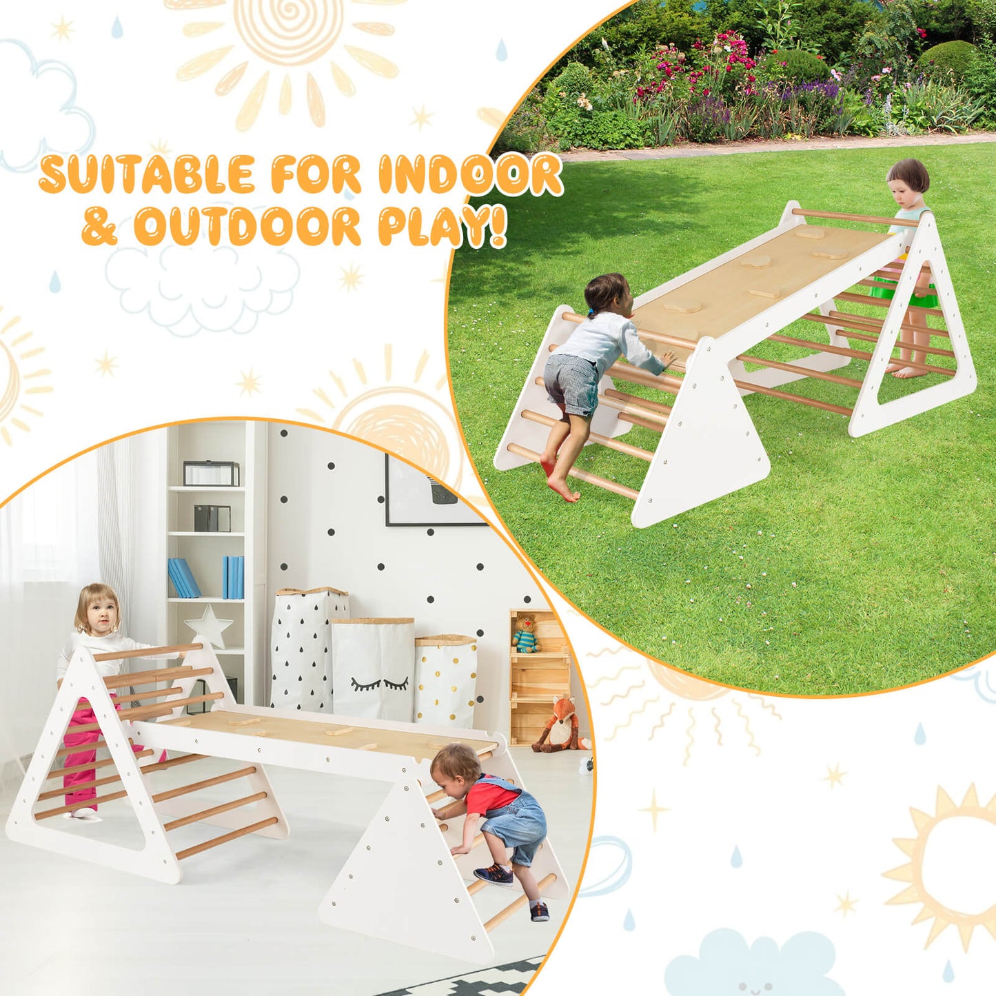 3 in 1 Climbing Toy Set with 2 Triangle Ladders and Double-Sided Ramp-Colourful