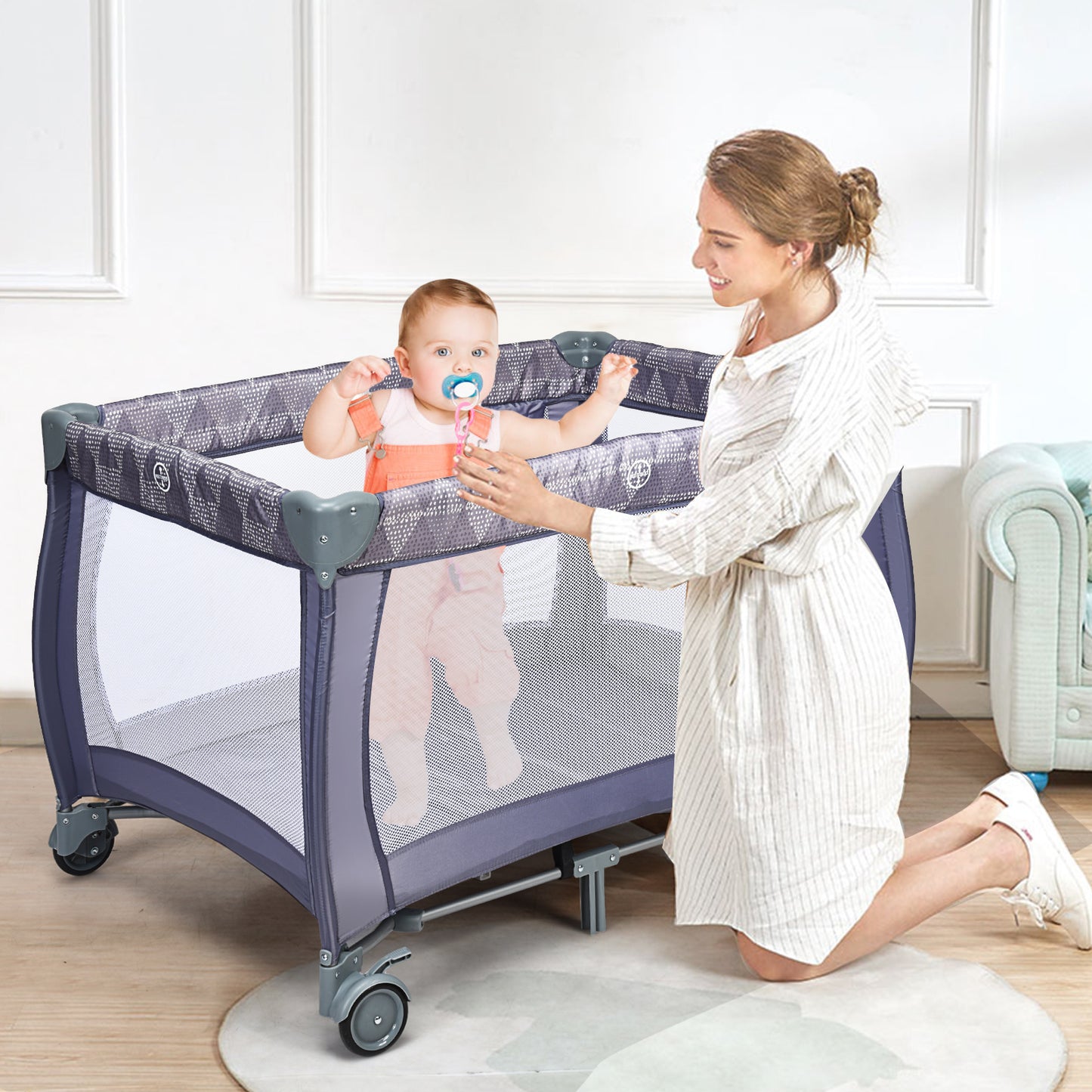 3 in 1 Convertible Bassinet Cot with Changing Table and Toy Bar-Beige