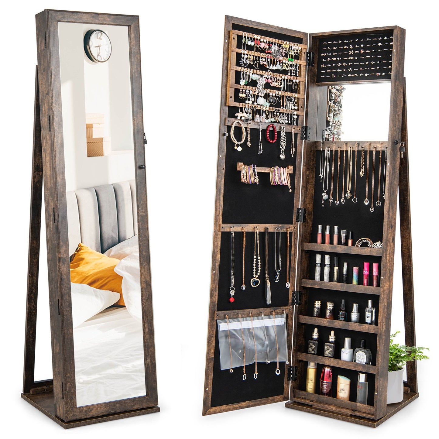 3-in-1 Mirrored Jewelry Armoire with Display Shelves-Black