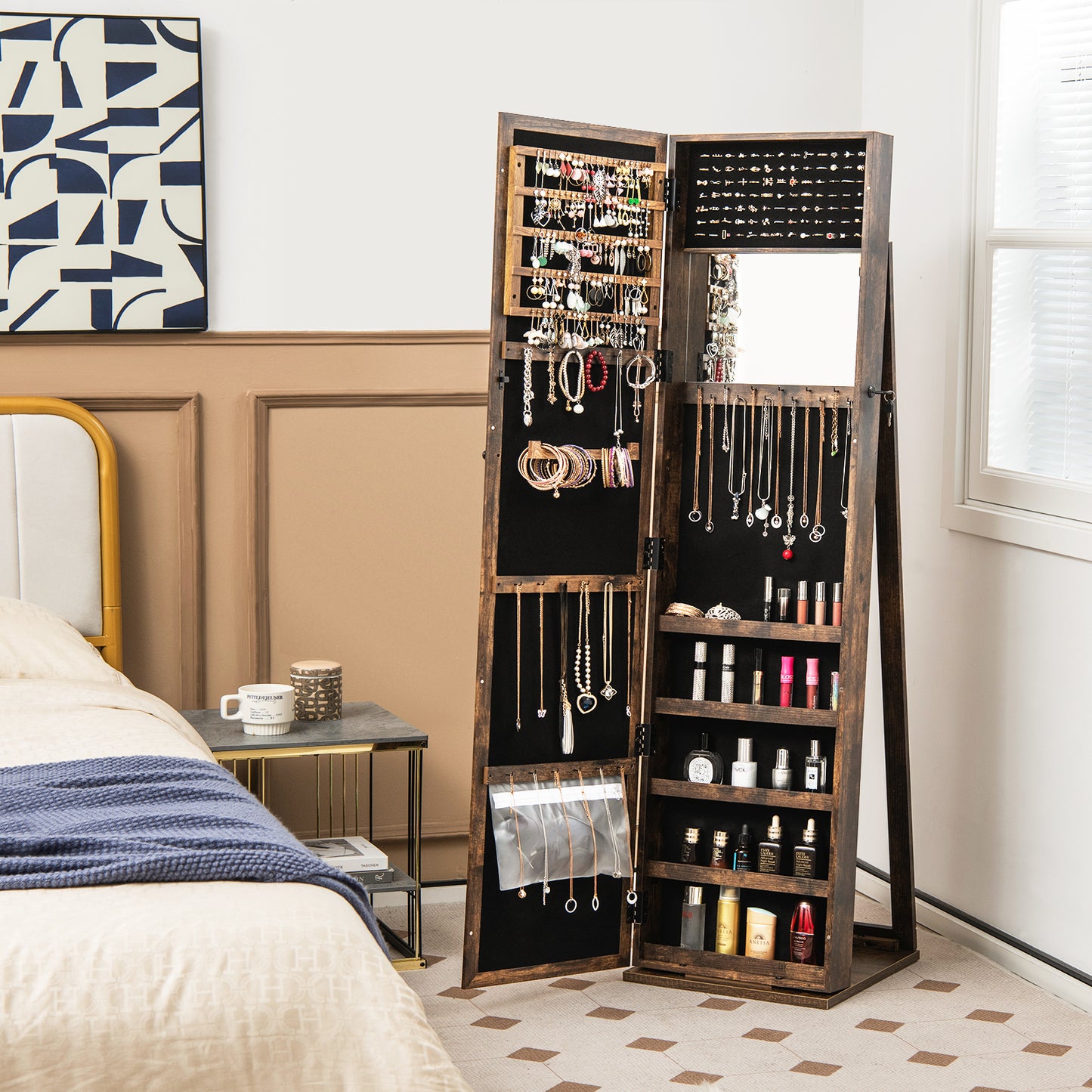 3-in-1 Mirrored Jewelry Armoire with Display Shelves-Black