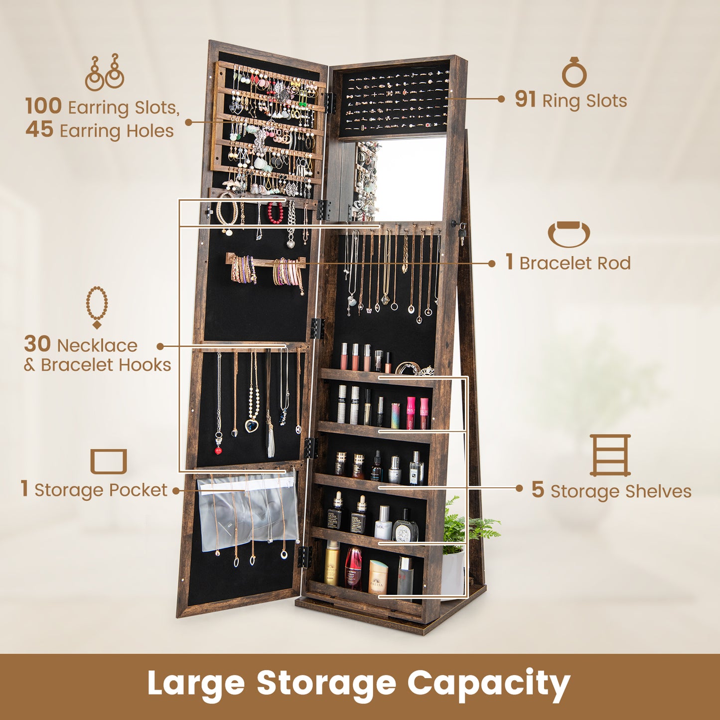 3-in-1 Mirrored Jewelry Armoire with Display Shelves-Black