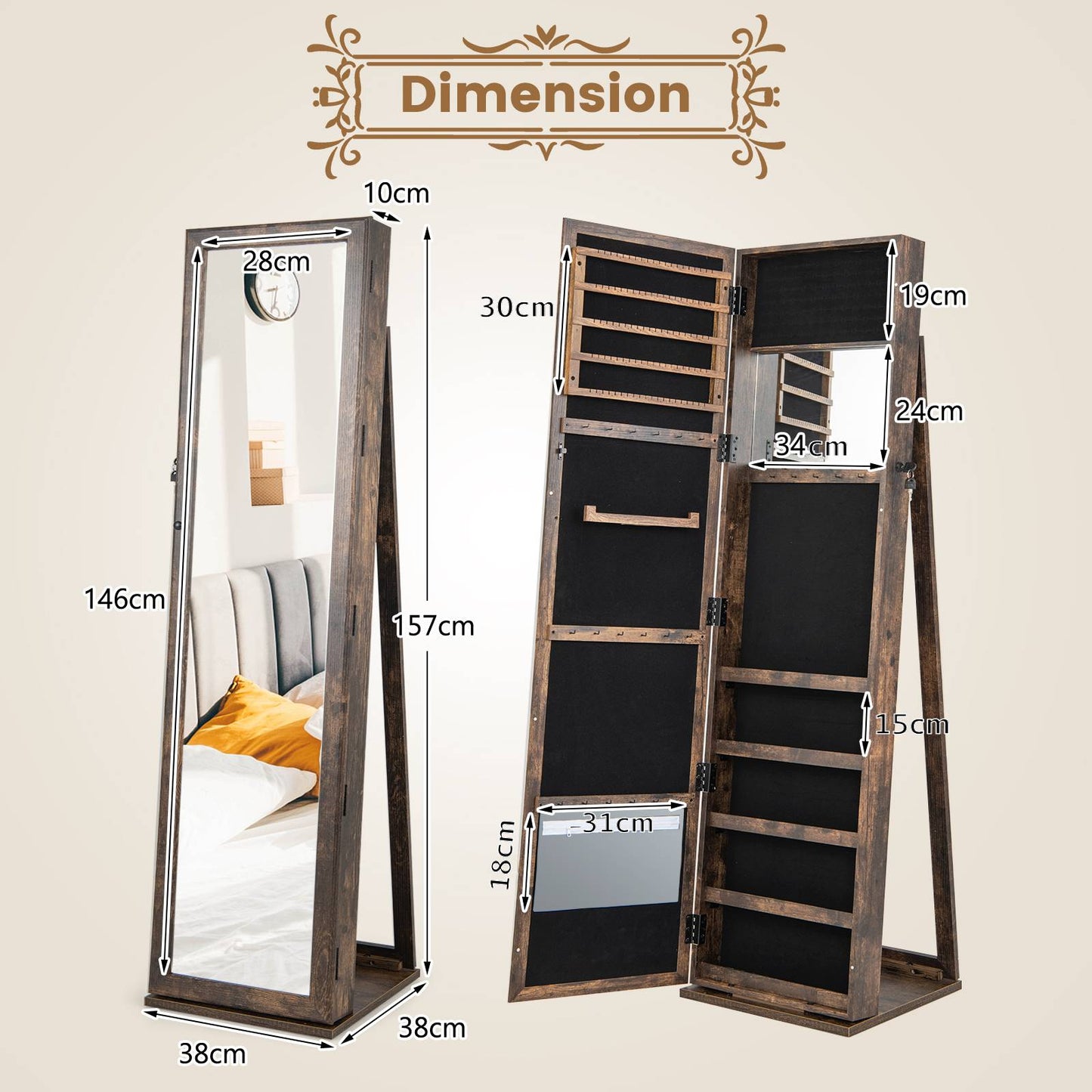3-in-1 Mirrored Jewelry Armoire with Display Shelves-Black