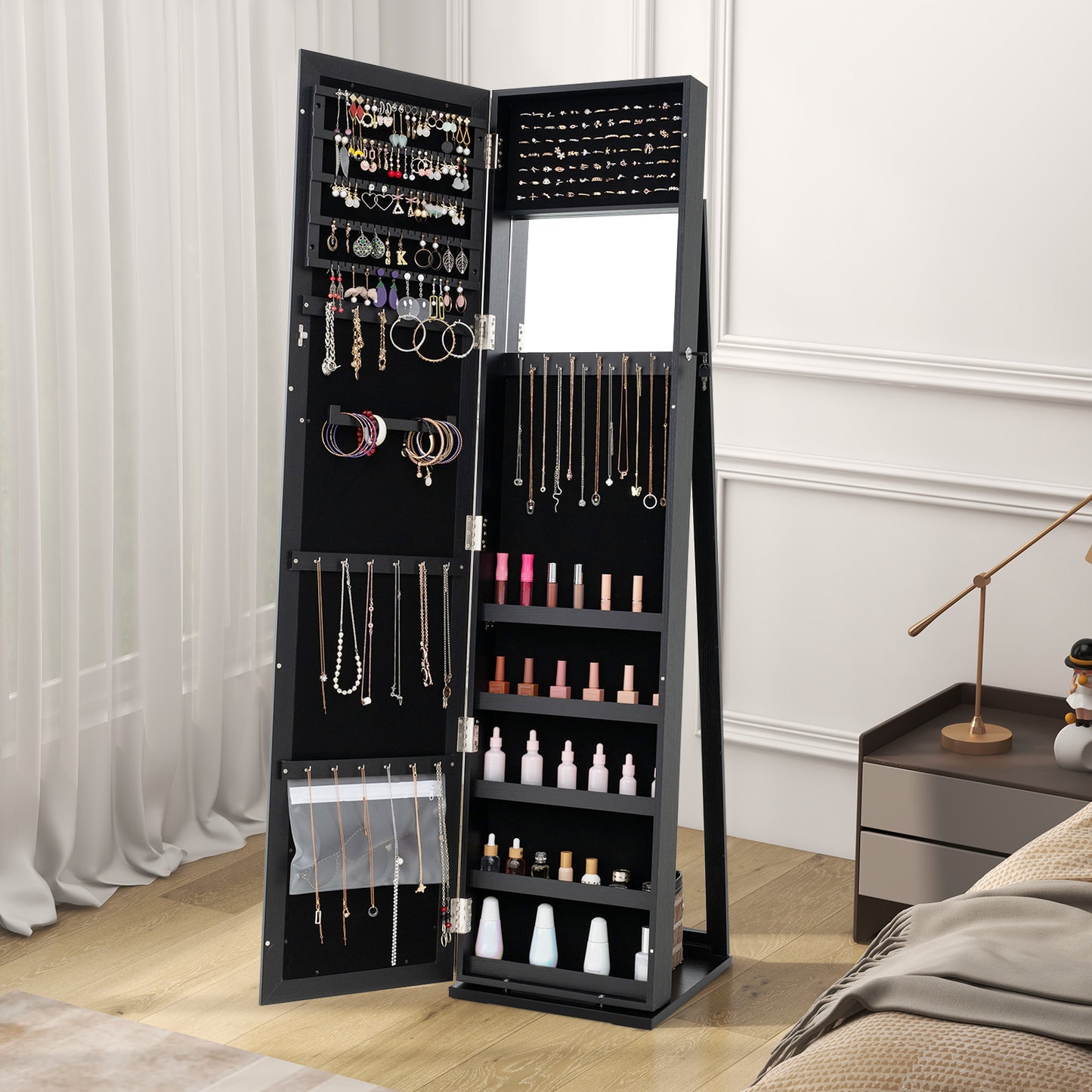 3-in-1 Mirrored Jewelry Armoire with Display Shelves-Black