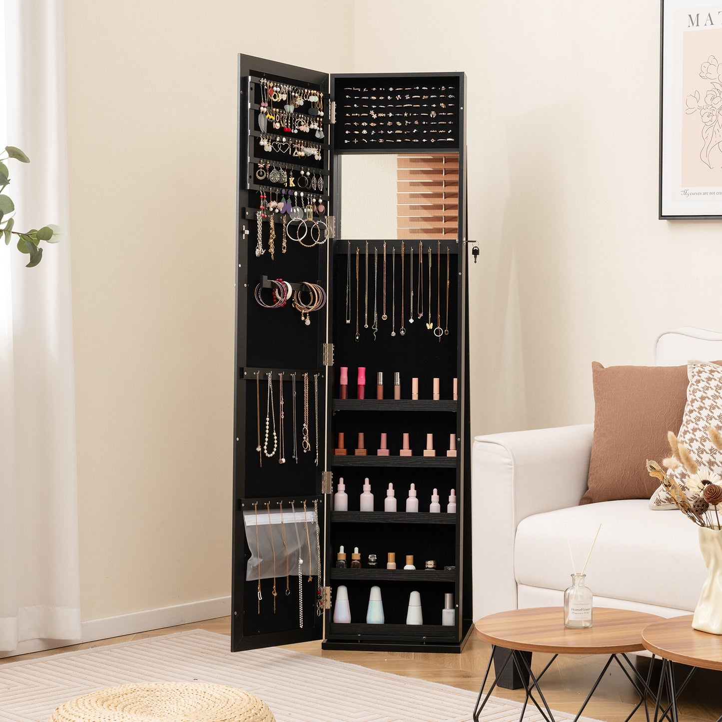 3-in-1 Mirrored Jewelry Armoire with Display Shelves-Black