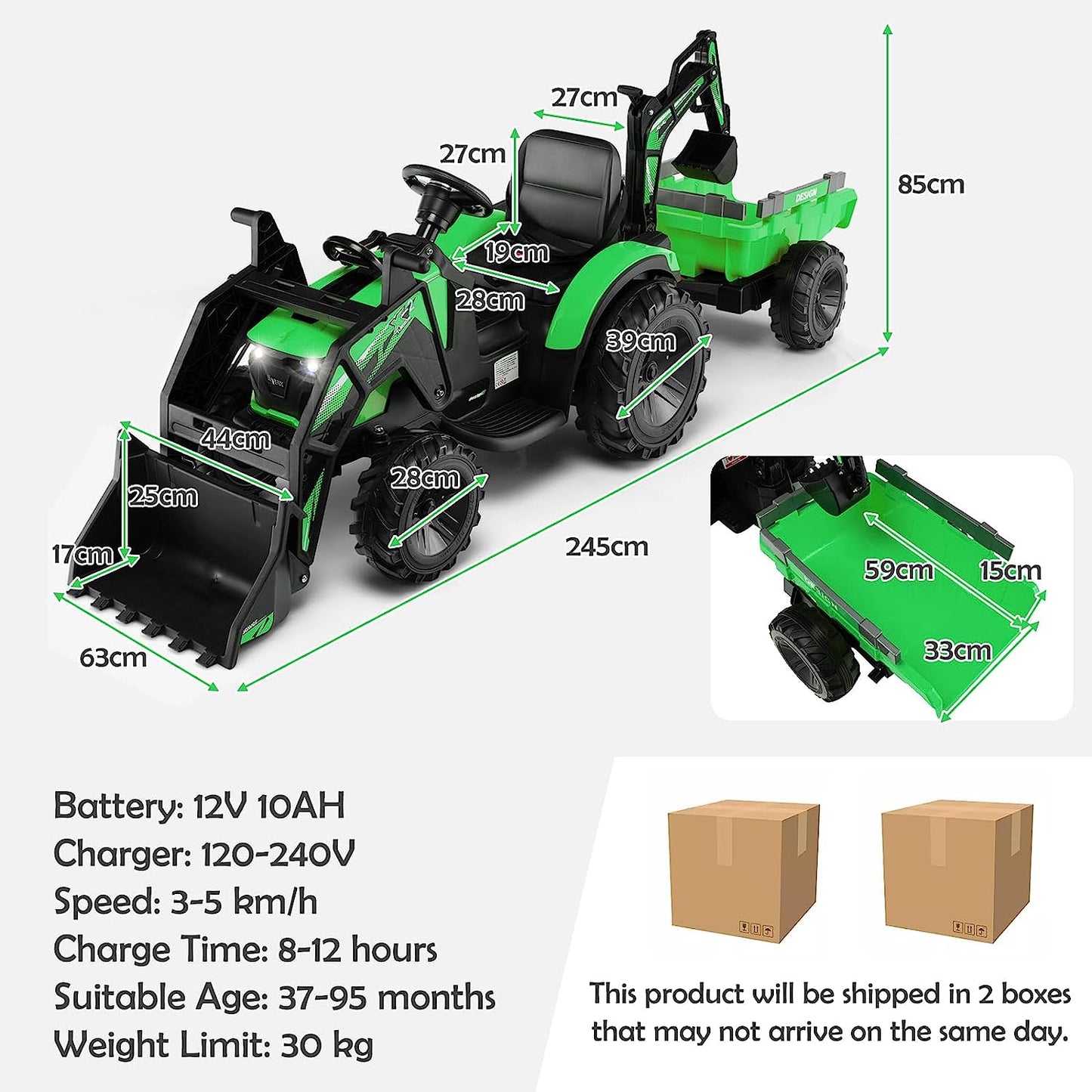3 in 1 Ride on Tractor and Trailer with Shovel Bucket-Green