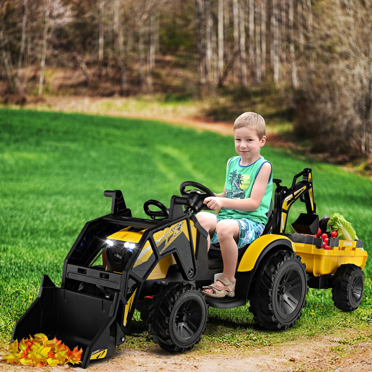 3 in 1 Ride on Tractor and Trailer with Shovel Bucket-Green