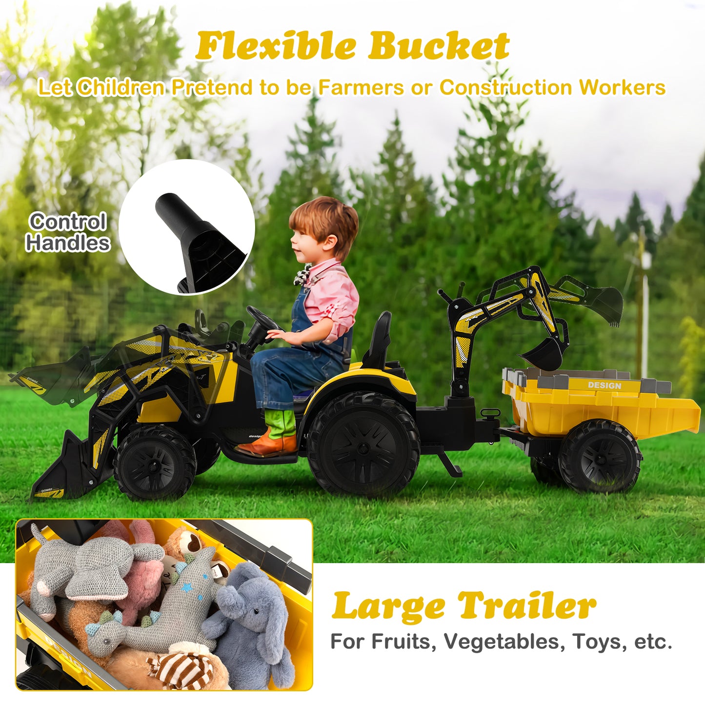 3 in 1 Ride on Tractor and Trailer with Shovel Bucket-Green