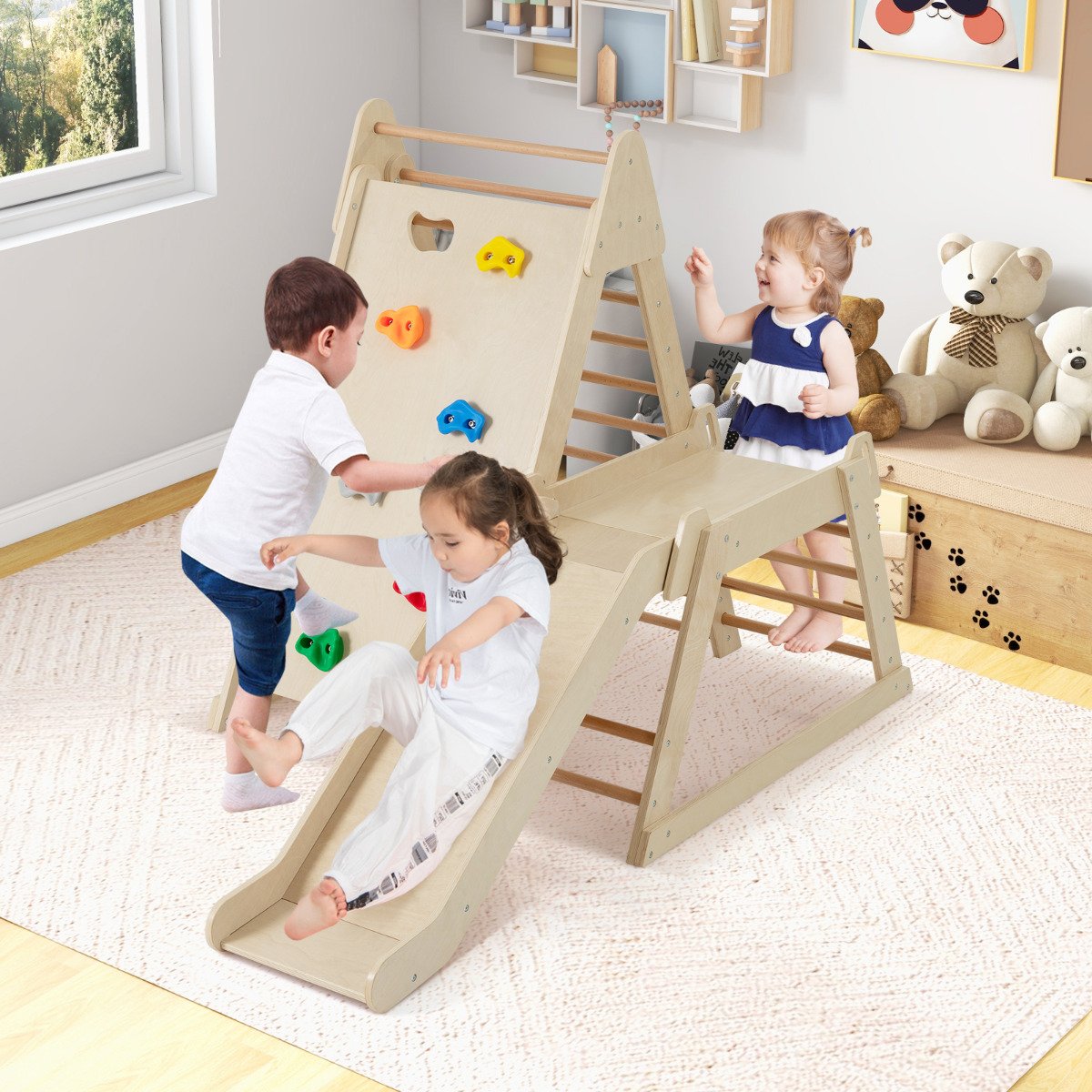 3-In-1 Jungle Gym with Extended Slide and Rock Climbing-Colourful